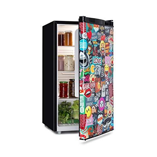 KLARSTEIN Cool Vibe - Nevera, eficiencia energética de clase A+, VividArt: puerta con diseño de pegatinas impresas, congelador, emisión ruido de tan solo 42 dB, volumen de 90 litros, negro